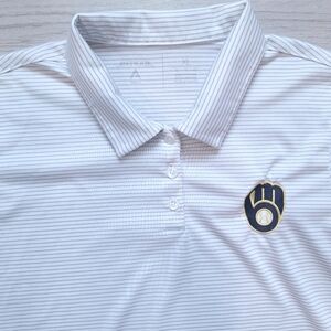 Antigua Milwaukee Brewers Women's White Striped Skills Short Sleeve Polo -Size